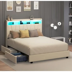 Full Size Bed Frame, LED Platform headboard Storage,