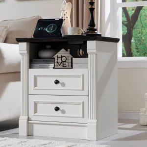 wooden side table with charging station