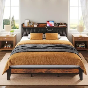 Bed Frame, Storage Headboard with Charging Station